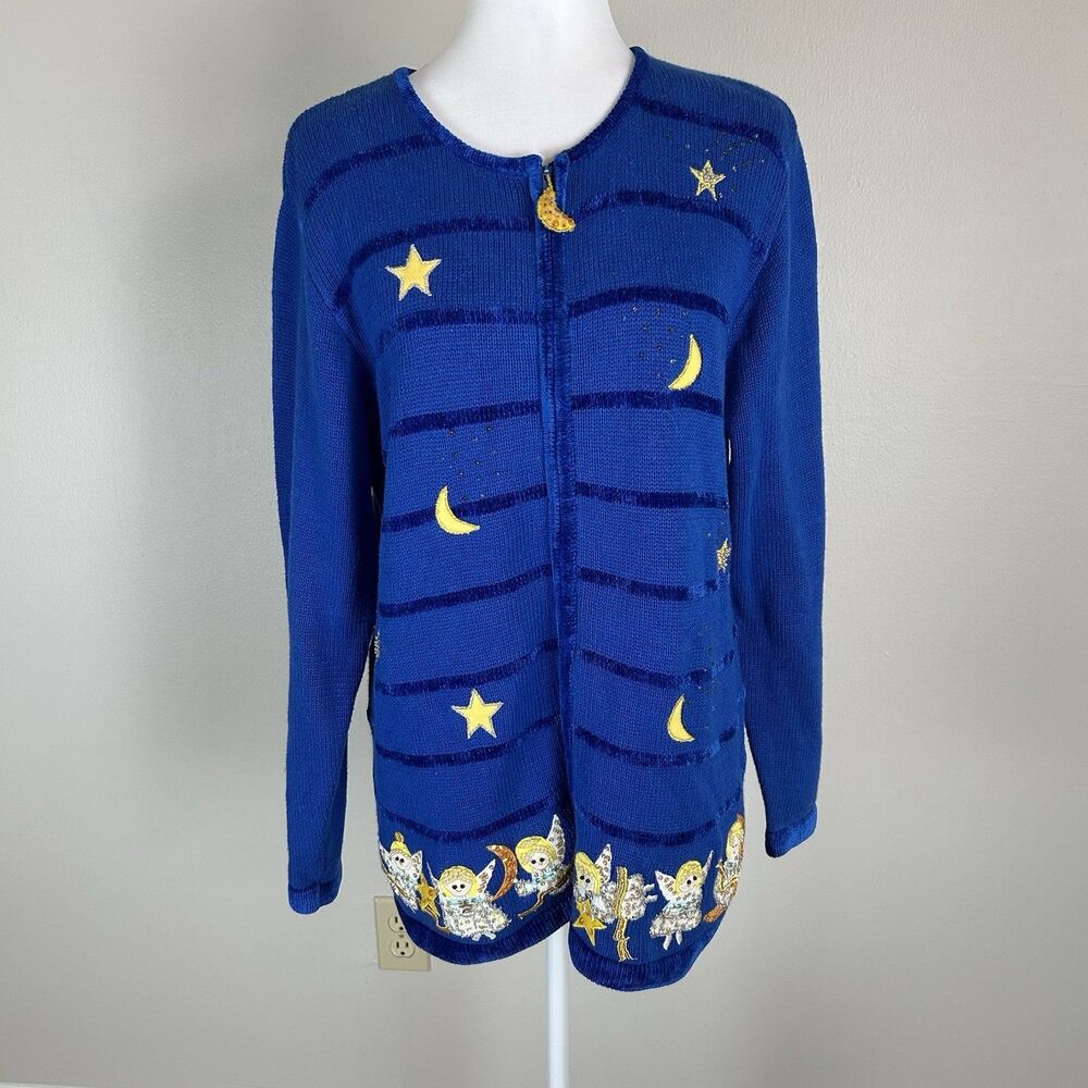 The Quacker Factory Angel Sweater Cardigan Embroidered Size L Sequin Star Moon